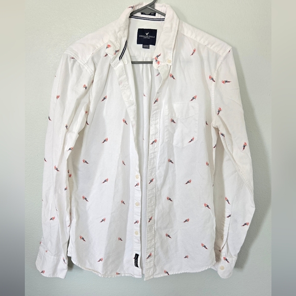 American Eagle Parrot Print Button Down 100% Cotton Size XS Seriously Soft - Picture 1 of 5